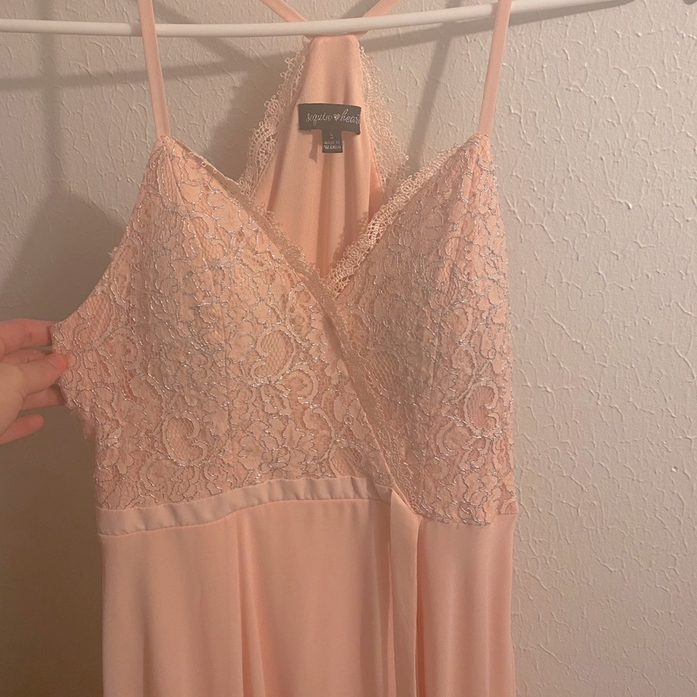 formal pink long princess dress with slit on leg